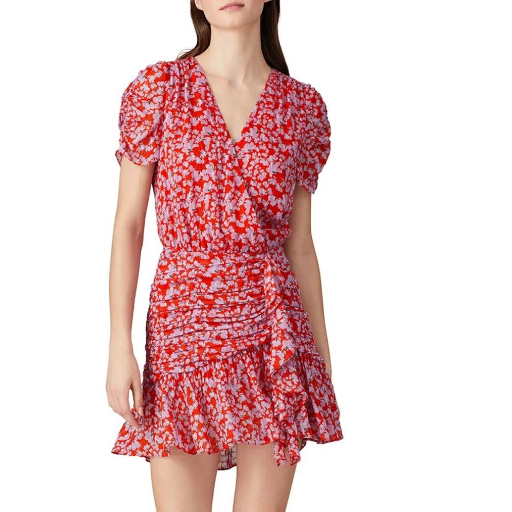 Tanya Taylor Red Floral Mini Wrap Dress Size 4 Silk Chiffon Ruched Designer $500 - Picture 2 of 13